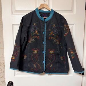 DENIM & CO. Womens 1X Denim Jacket Embroidered Turquoise Trim